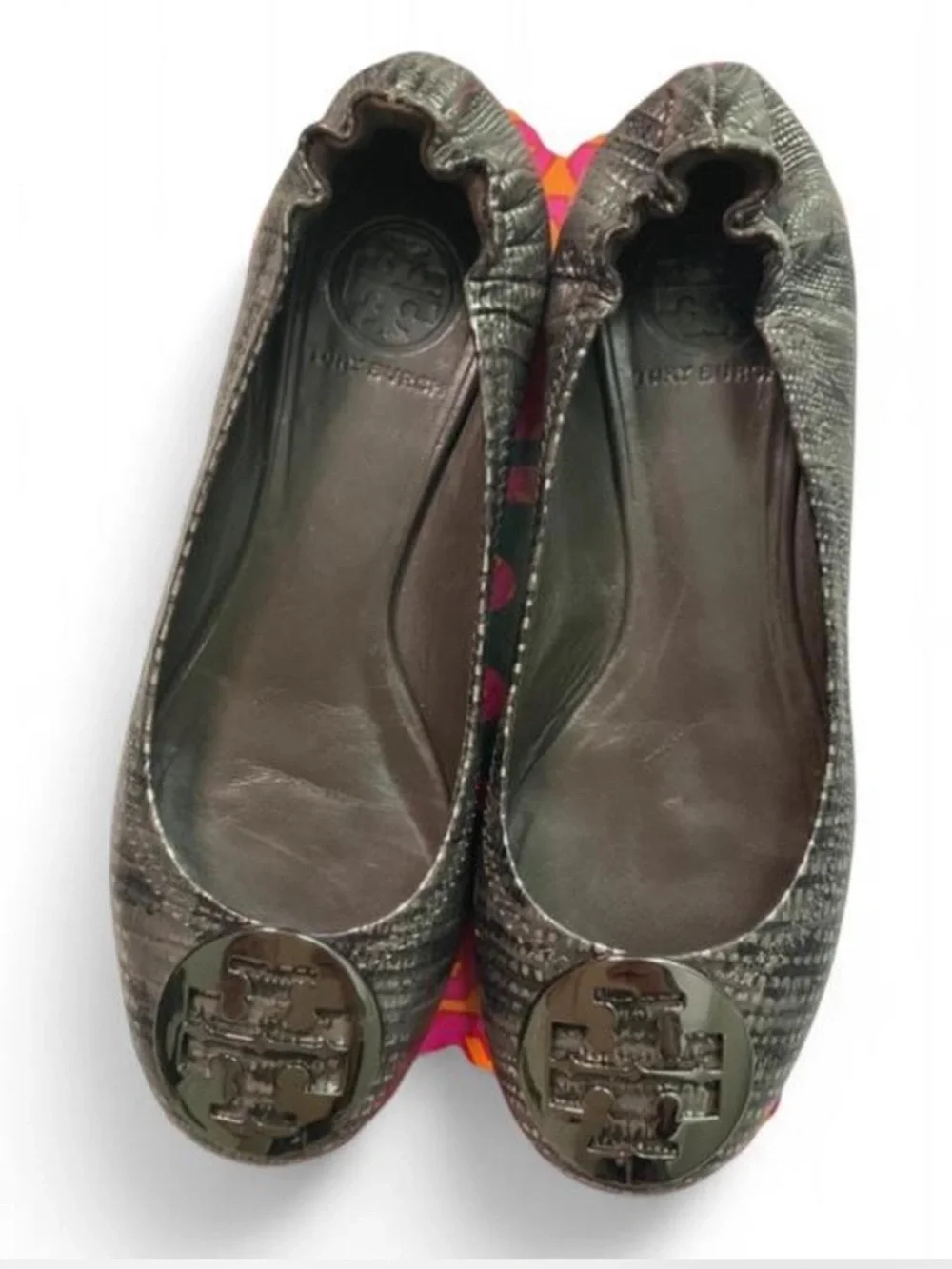 Tory Burch Reva flats, metallic snake-embossed leather, silver-tone logo, 7